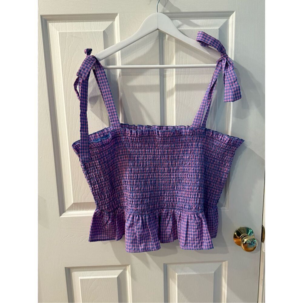 Forever 21 Blue & Pink Gingham Smocked Shoulder Tie Top 3X NWOT